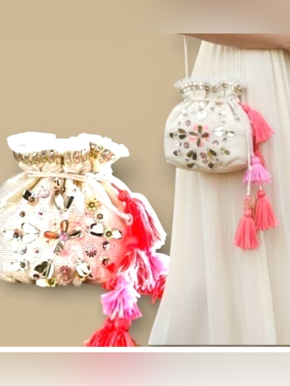 NEW✅ Free People Sparkle ✨Cream Mini Purse Bag Pouch Luxury Gift Bag w/ Tassels